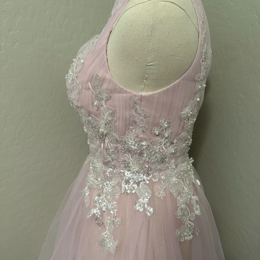 🔴CLEARANCE NEW JOVANI SZ 12 LIGHT PINK BEAD SHIMMER TULLE FIT FLARE FORMAL DRESS